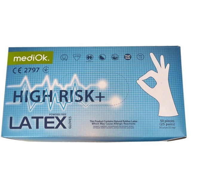 Рукавички ЛАТЕКС S без пудри MediOk High Risk, 50 шт/пач, (10 пач/ящ) з ПДВ 7%